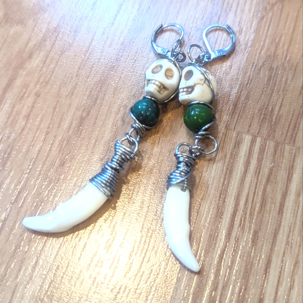 FINAL PRICE Coyote Fang Skull Howlite Azurite Malachite Silver Wrapped Earrings